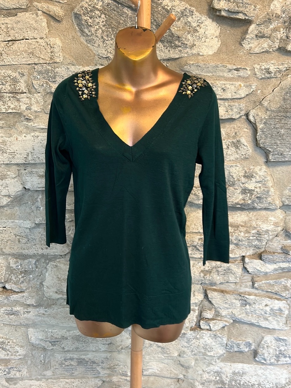 Deep Green Reversible Sweater with rhinestone Shoulders
